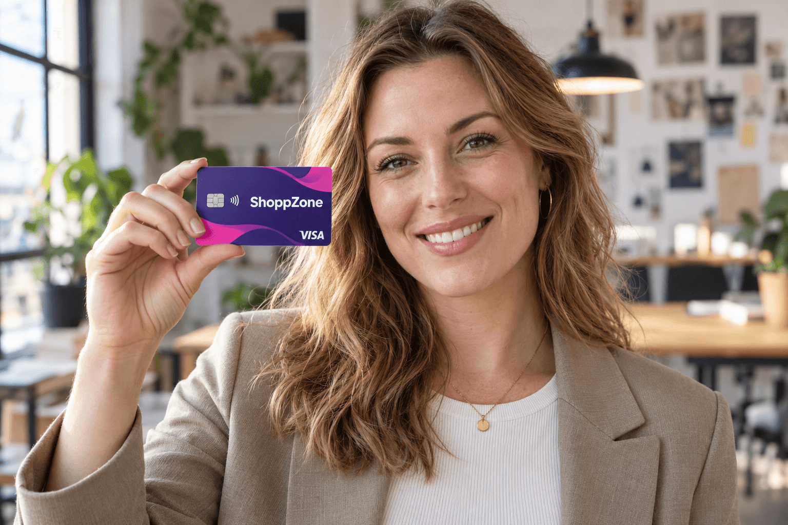 Illustrative portrait of a woman looking at the camera and holding her purple and pink ShoppZone card
