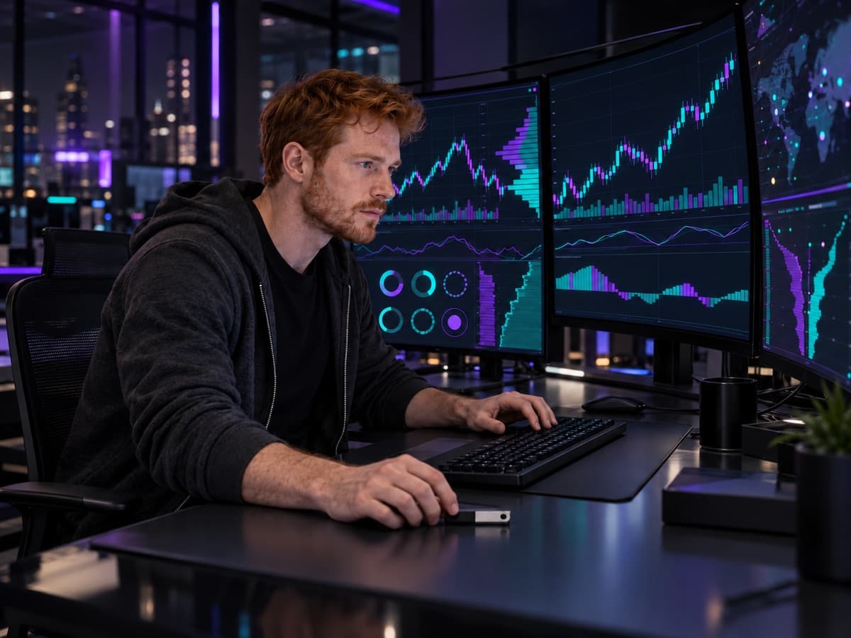 Red-haired trader reviewing cryptocurrency market charts beside a hardware security key