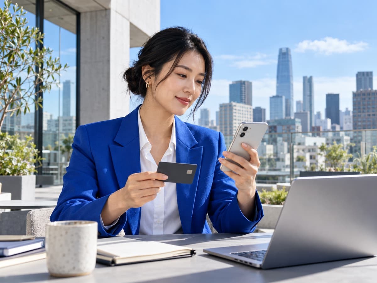 East Asian business owner checking her account on a phone while holding a payment card