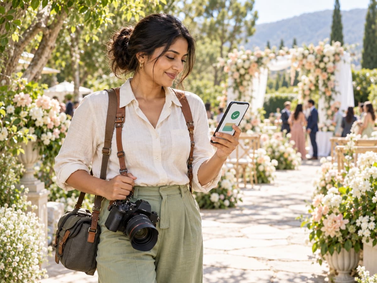 South Asian wedding photographer confirming a client payment on her phone at an outdoor venue