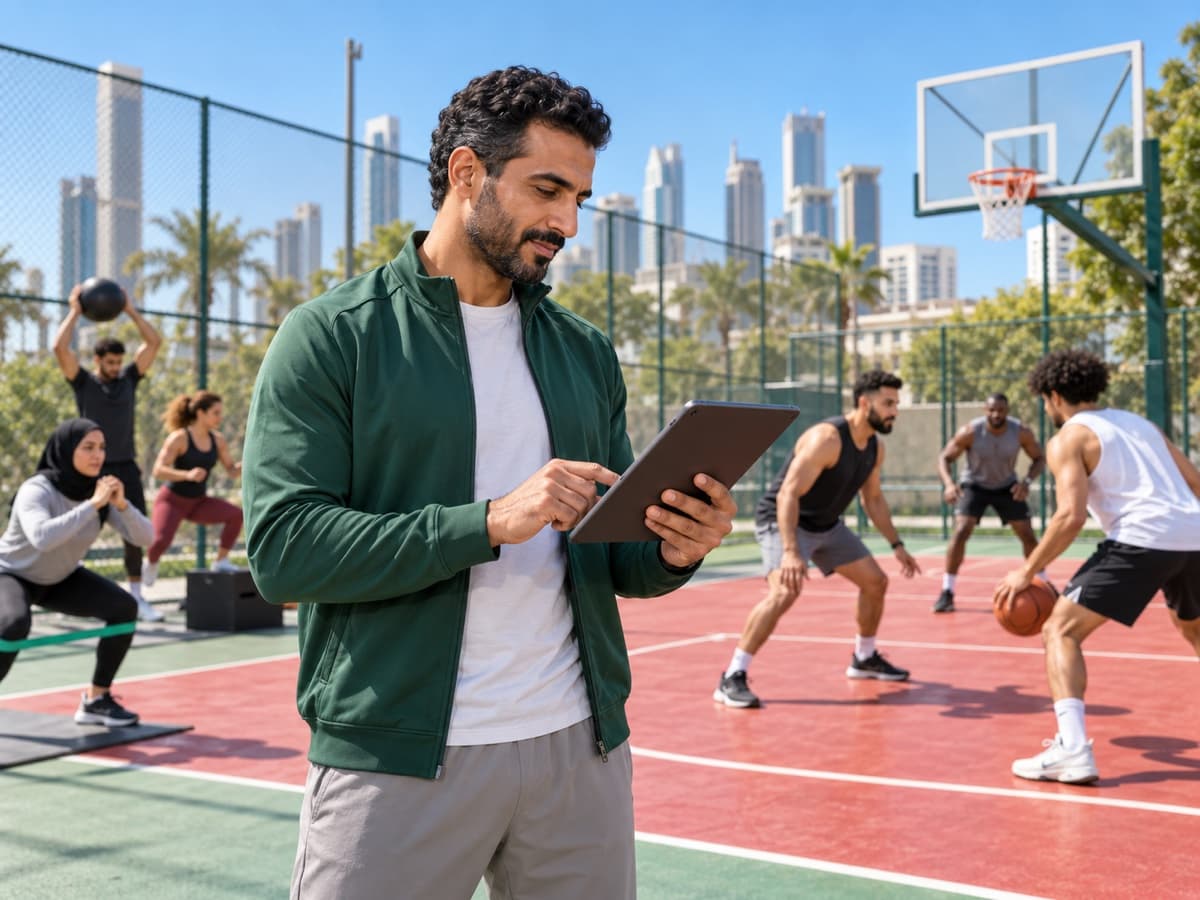 Middle Eastern fitness club founder managing memberships on a tablet while members train outdoors