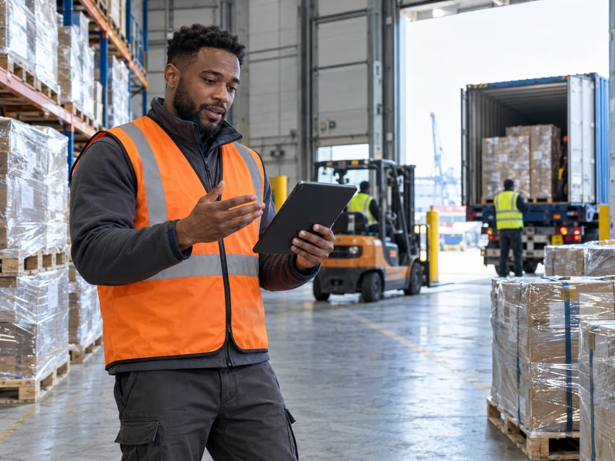 Black warehouse manager arranging an international shipment while using a tablet